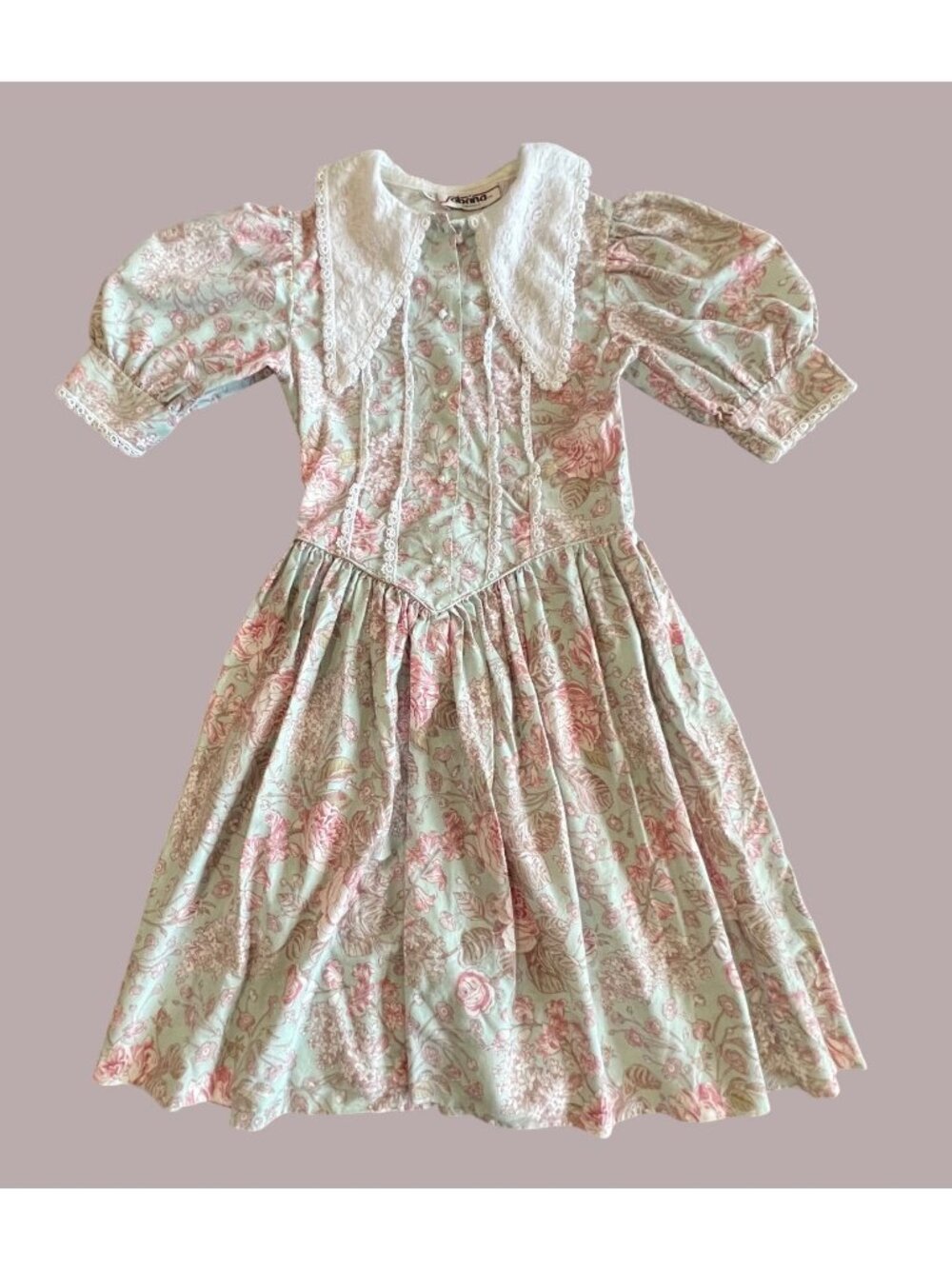 Vintage Sabrina Floral Dress With Lace Accents Size 10 Made In USA Short Puff Sl